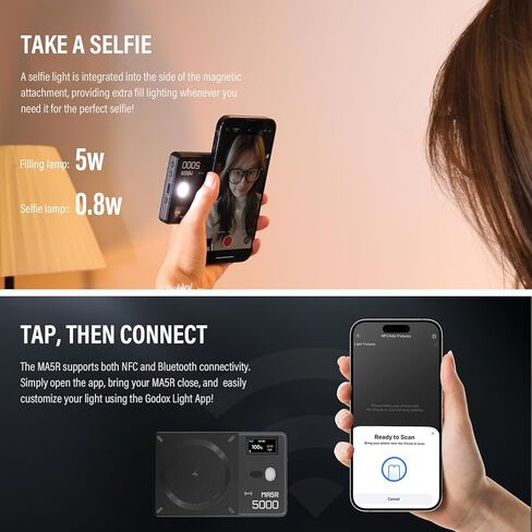 GODOX MA5R LED Fill Light with Soft Diffuser Magnetic Charging Phone Selfie Lighting Mini on Camera Lights 1800K-10000K 14 FX Modes for Selfies, YouTube, TikTok, Vlogging, Video Conferences (Black) in Kuwait