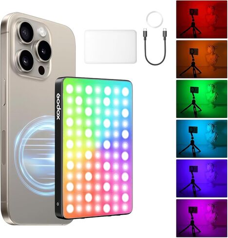 GODOX MA5R LED Fill Light with Soft Diffuser Magnetic Charging Phone Selfie Lighting Mini on Camera Lights 1800K-10000K 14 FX Modes for Selfies, YouTube, TikTok, Vlogging, Video Conferences (Black) in Kuwait