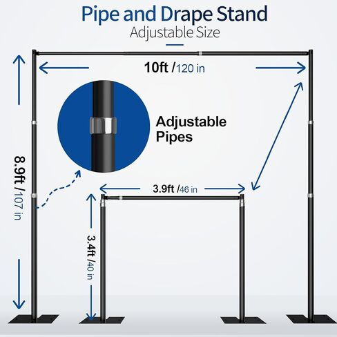Pipe and Drape Backdrop Stand, 20x10ft Heavy Duty Adjustable Background Frame with Metal Base, Back Drop Holder for Parties Photography Wedding Photoshoot Decoration - Black in Kuwait