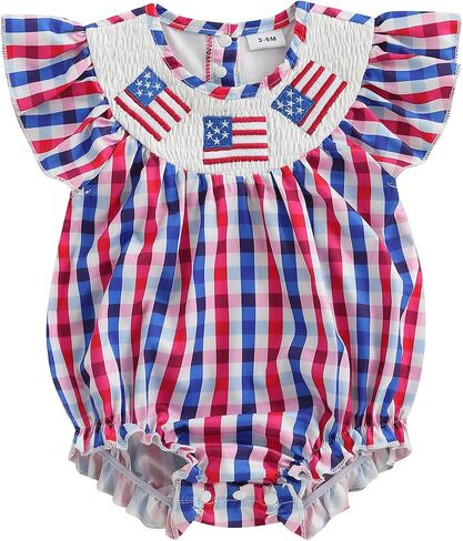 4th of July Baby Girl Outfits Plaid Print American Flag Romper Smocked Bodysuit Cute Newborn Fourth of July Outfit in Saudi Arabia
