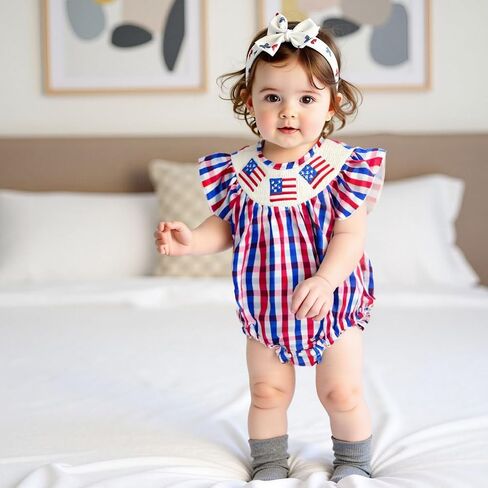 4th of July Baby Girl Outfits Plaid Print American Flag Romper Smocked Bodysuit Cute Newborn Fourth of July Outfit in Saudi Arabia
