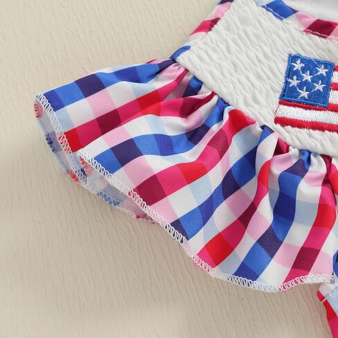4th of July Baby Girl Outfits Plaid Print American Flag Romper Smocked Bodysuit Cute Newborn Fourth of July Outfit in Saudi Arabia