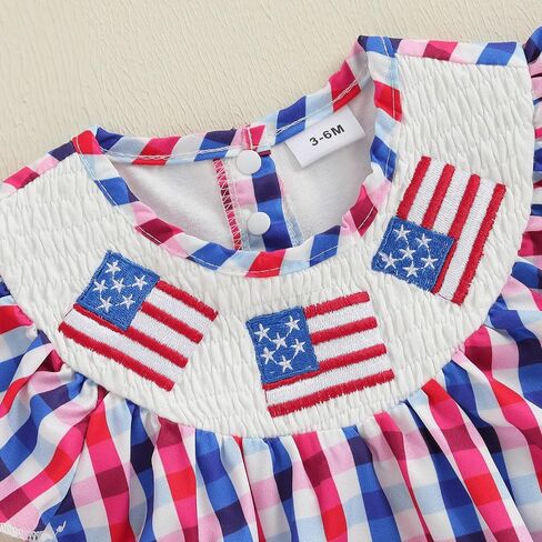 4th of July Baby Girl Outfits Plaid Print American Flag Romper Smocked Bodysuit Cute Newborn Fourth of July Outfit in Saudi Arabia