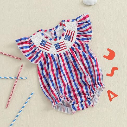 4th of July Baby Girl Outfits Plaid Print American Flag Romper Smocked Bodysuit Cute Newborn Fourth of July Outfit in Saudi Arabia