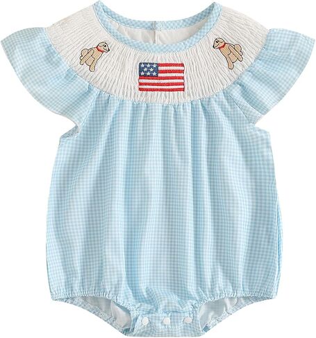 4th of July Baby Girl Outfits Plaid Print American Flag Romper Smocked Bodysuit Cute Newborn Fourth of July Outfit in Saudi Arabia