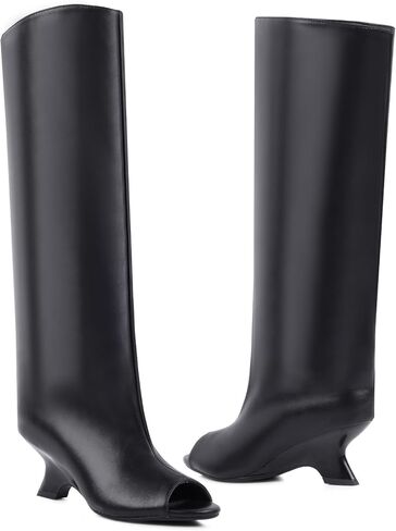 Open Toe Knee High Boots for Women Suede Wide Calf Peep Toe Wedge Heels Slouchy Tall Boots Pull On High Heel Long Booties in Saudi Arabia