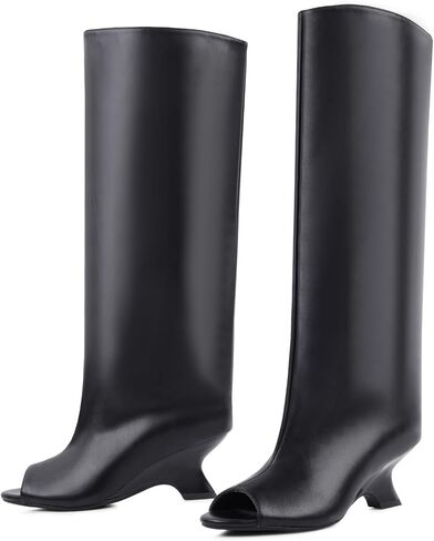 Open Toe Knee High Boots for Women Suede Wide Calf Peep Toe Wedge Heels Slouchy Tall Boots Pull On High Heel Long Booties in Saudi Arabia