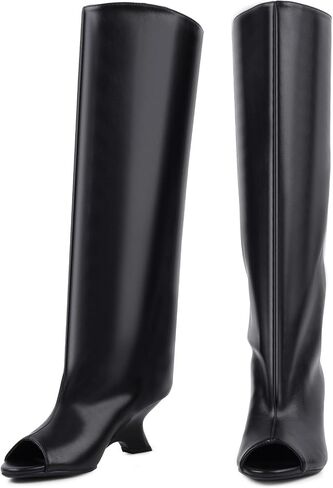 Open Toe Knee High Boots for Women Suede Wide Calf Peep Toe Wedge Heels Slouchy Tall Boots Pull On High Heel Long Booties in Saudi Arabia