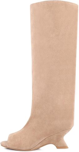 Open Toe Knee High Boots for Women Suede Wide Calf Peep Toe Wedge Heels Slouchy Tall Boots Pull On High Heel Long Booties in Saudi Arabia