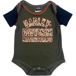 Harley-Davidson Baby Boys' Camo Print Raglan Short Sleeve Creeper, Green/Black