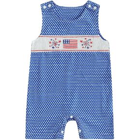 Baby Boy 4th of July Outfit Stars Stripes Firework Embroidery Romper Sleeveless Jumpsuit Overalls Patriotic Clothes