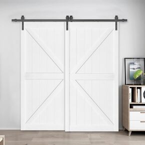 BARNSMITH Bypass Sliding Barn Door 84 x 84 in with 7.5FT Side-Mounted Hardware Kit, 2 Sets of 42x84 K-Frame Barn Door, Solid Wood Frosted Glass, Easy Assembly, White