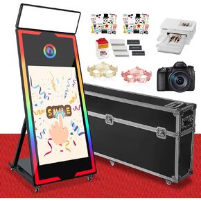 Magic Mirror Photo Booth 65-43in Selfie Touch Screen Movable Mirror Photo Booth with Fill Light and Flight Case, App Remote RGB Light for Events Parties Wedding Rental (White)