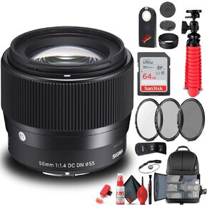 Sigma 56mm f/1.4 DC DN Contemporary Lens for Sony E (351965) Bundle + Backpack + 64GB Card + Card Reader + 3 Piece Filter Kit + Cleaning Set + Flex Tripod + Memory Wallet + IR Remote + Cap Keeper