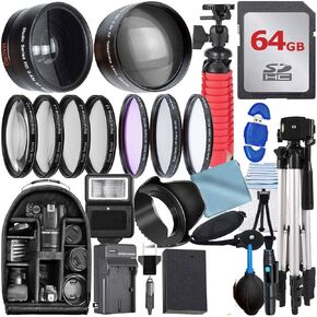 حزمة ملحقات 49 مم لـ Canon EOS: R50 ، R100 ، M5 ، M6 Mark II ، M6 ، R10 + LP-E17 بطاقة ذاكرة + 64 جيجابايت + شاحن بطارية + عدسة زاوية واسعة + حقيبة ظهر + ترايبود + فلاش + المزيد