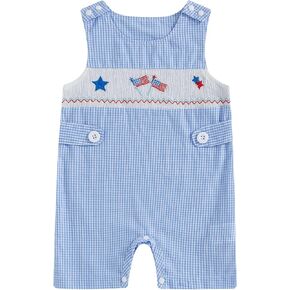 Newborn Baby Boy 4th of July Outfit Embroidery Sleeveless Smocked Romper Plaid Jumpsuit American Flag Overalls