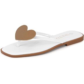 Flip Flops for Women with Heart Decoration Comfortable Square Toe Flat Sandals Lightweight Thong Sandals Cute Beach Slides
