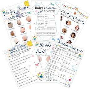 75 Pcs Baby Shower Games 6 Games Gender Neutral Baby Shower Bingo Cards Baby Activity Cards Baby Prediction Advice Baby Activity Cards Beer Belly or Pregnant Bump Gender Reveal Games for Guests
