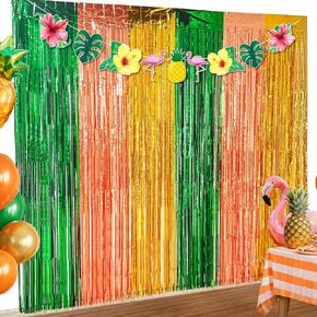 3 Pack Hawaiian Luau Party Decorations, Hawaiian Backdrop with Aloha Banner, Green Orange Gold Tinsel Fringe Luau Photo Booth Props for Hawaiian Tropical Birthday Party Decorations