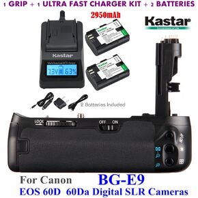Kastar Pro Multi-Power Vertical Battery Grip (Replacement for BG-E9) + 2X LP-E6 Replacement Batteries + Ultra Fast Charger Kit for EOS 60D 60Da Digital SLR Cameras