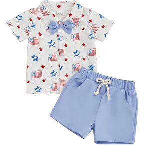 Toddler Baby Boy 2Pcs 4th of July Outfit Set American Flag Short Sleeve Down Collar Shirt Shorts Set Summer Clothes