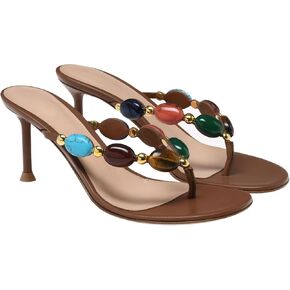 Gold Stone Thong Heeled Sandals for Women Jewelled Open Toe Flip Flop Mules High Heels Summer Wedding Pumps Shoes