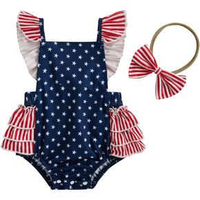 4th of July Baby Girl Outfits Stars Stripes Flying Sleeeve Ruffle Romper Cute Newborn Baby Girl 4th of July Outfit