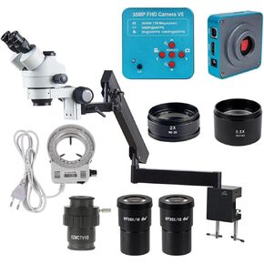 Industrial Trinocular Stereo Microscope 3.5X-180X Zoom with 38MP HDMI Camera, Articulating Arm Pillar Clamp, LED Ring Light for PCB Board CPU Repair Soldering