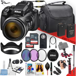 Nikon COOLPIX P1100 Digital Camera with NIKKOR 24-3000mm Lens + 2PC 64GB Memory + Extra Battery + Remote Control + Filters + Monopod + Spider Tripod + More (25pc Bundle)