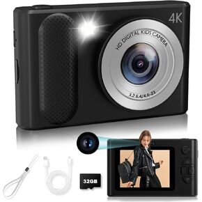 Camera Selfie 1080P HD Video Dual Lens, 48MP Digital Point and Shoot Cameras with 8X Zoom, Fill Light & 32GB SD Card, Vintage Compact Small Camera for Boys Girls Kids (Silver)