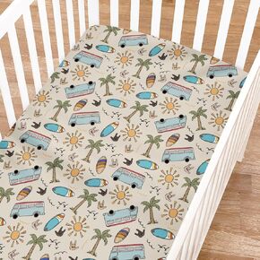 Vintage Surf Fitted Baby Crib Sheets Boy Girl 52"x28" Retro Surfboard Sun Palm Trees Bus Soft Crib Mattress Covers Hawaiian Tropical Beach Surfing Baby Sheets for Standard Crib & Toddler Bed Mattress