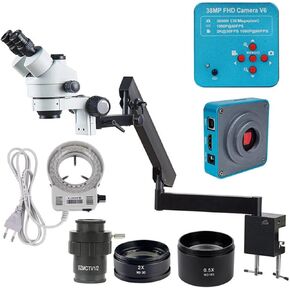 Industrial Trinocular Stereo Microscope 3.5X-180X Zoom with 38MP HDMI Camera, Articulating Arm Pillar Clamp, LED Ring Light for PCB Board and CPU Repair