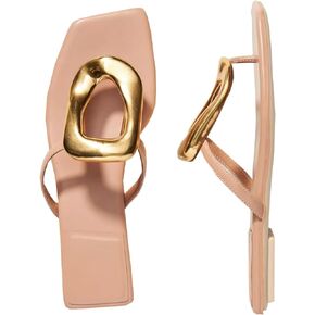 Women's Square Toe Flip Flops Thong Sandals Gold Buckle Dressy Summer Flat Shoes