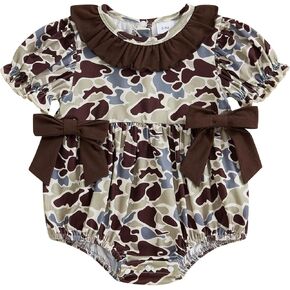 Hunting Baby Girl Outfit Camouflage Bubble Romper Short Sleeve Ruffle Smocked Bodysuit Newborn Summer Clothes