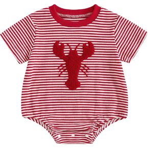 Infant Baby Girl Crawfish Outfit Lobster Embroidered Stripe Short Sleeve Bubble Romper Bodysuit Cute Summer Clothes
