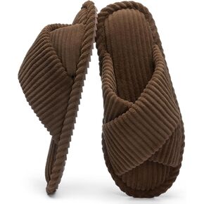 Womens Slippers Open Toe Fuzzy House Slippers Indoor Outdoor Cross Band with Corduroy Memory Foam Warm Gifts for Women Anti-Skid Size 9 10