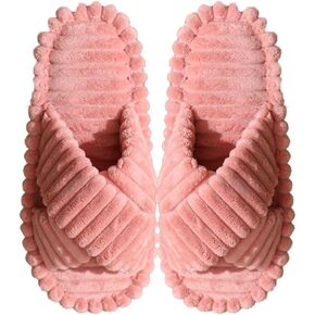 Slippers for Women Corduroy Cross Band Strap Open Toe Bedroom Comfy Anti-Skid House Slide Shoes