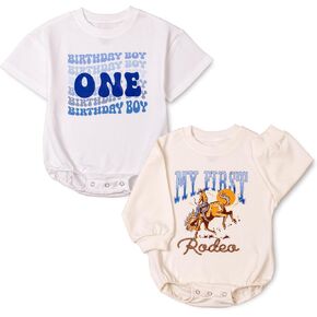 My First Rodeo Baby Boy Outfit, Western Cowboy 2-Pack Romper Set, Long Sleeve Bodysuit for Outfit Boys