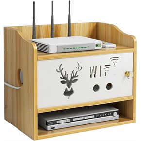 WiFi Router Storage Box,Router Shelf Wall Mount, Wooden WiFi Box to Hide Router and Modem, Power Strip Cable Management Hider Rack Set-Top Box Rack