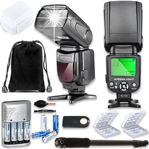 TTL Speed Light Flash for Nikon DSLR Cameras with Soft Case + Monopod + 4 High Capacity AA Rechargeable Batteries & Charger + 2X Battery Case + Accessory Bundle