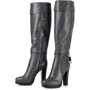 FOWT Women Super High Chunky Heel Round Toe Platform Mid Calf Boots Solid Color Leather Metal Side Zipper Long Booties Trendy Warm Office School Party Shoes 4-16 US Size