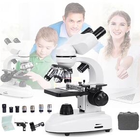 40X-6000X Compound Binocular Microscop, with 30 Specimens/Mobile Phone Holder/Vernier Caliper/Bag etc, Optical Microscope for School/Home/Lab (A)