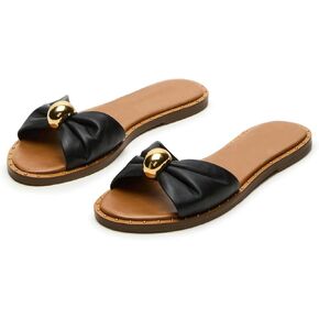 Dsevht Flat Slide Sandal for Women Slip on Leather Beach Comfort Open Square Toe Ladies Slipper Dressy Metal Hardware Decoration Summer Shoes Casual Fashion