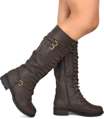 Premier Standard - Lace's Lace -Up Strappy Knee High Combat Boot Boot Cyped Heel in Kuwait