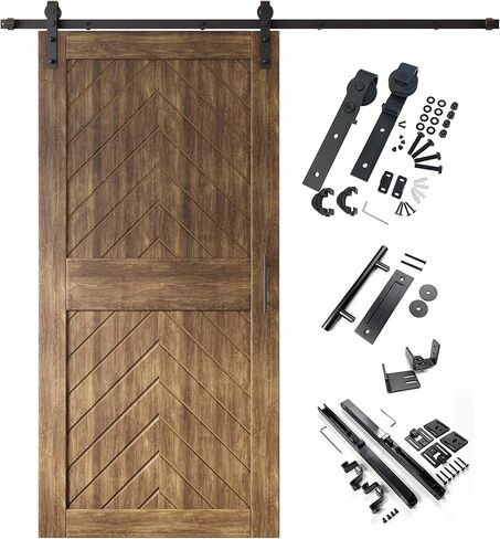 Homacer Dark Walnut 40 in. x 84 in. Finished & Unassembled 4-in-1 Fishbone Design Barn Door with Non-Bypass Installation Hardware Kit, 7ft Track, Interior use only in Saudi Arabia