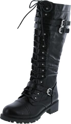 Premier Standard - Lace's Lace -Up Strappy Knee High Combat Boot Boot Cyped Heel in Kuwait