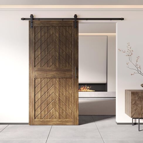 Homacer Dark Walnut 40 in. x 84 in. Finished & Unassembled 4-in-1 Fishbone Design Barn Door with Non-Bypass Installation Hardware Kit, 7ft Track, Interior use only in Saudi Arabia