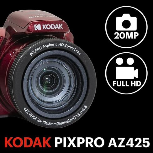 Kodak Pixpro AZ425 Astro Zoom 20mp الكاميرا الرقمية الكاملة عالية الدقة ، حمراء ، حزمة مع بطاقة ذاكرة 32 جيجابايت وحقيبة الكاميرا in Kuwait
