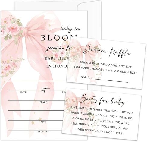 Pink Bow Floral Baby Shower Invitations for Girl ، Girl Baby Shower دعوات ، مجموعة من 25 دعوة مجموعة (تضمنت تذاكر السحب حفاضات وبطاقات طلب الكتب) بين الجنسين مستلزمات الحفلات /BB002 in Kuwait