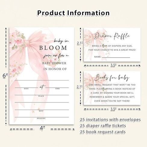 Pink Bow Floral Baby Shower Invitations for Girl ، Girl Baby Shower دعوات ، مجموعة من 25 دعوة مجموعة (تضمنت تذاكر السحب حفاضات وبطاقات طلب الكتب) بين الجنسين مستلزمات الحفلات /BB002 in Kuwait
